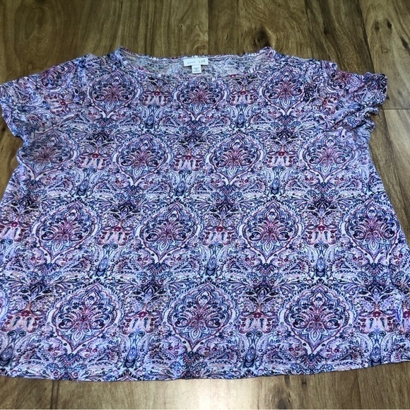 J Jill Love Linen Short Sleeve T Shirt Pink Purple Bohemian Pattern Size 1X Crop - Picture 1 of 7